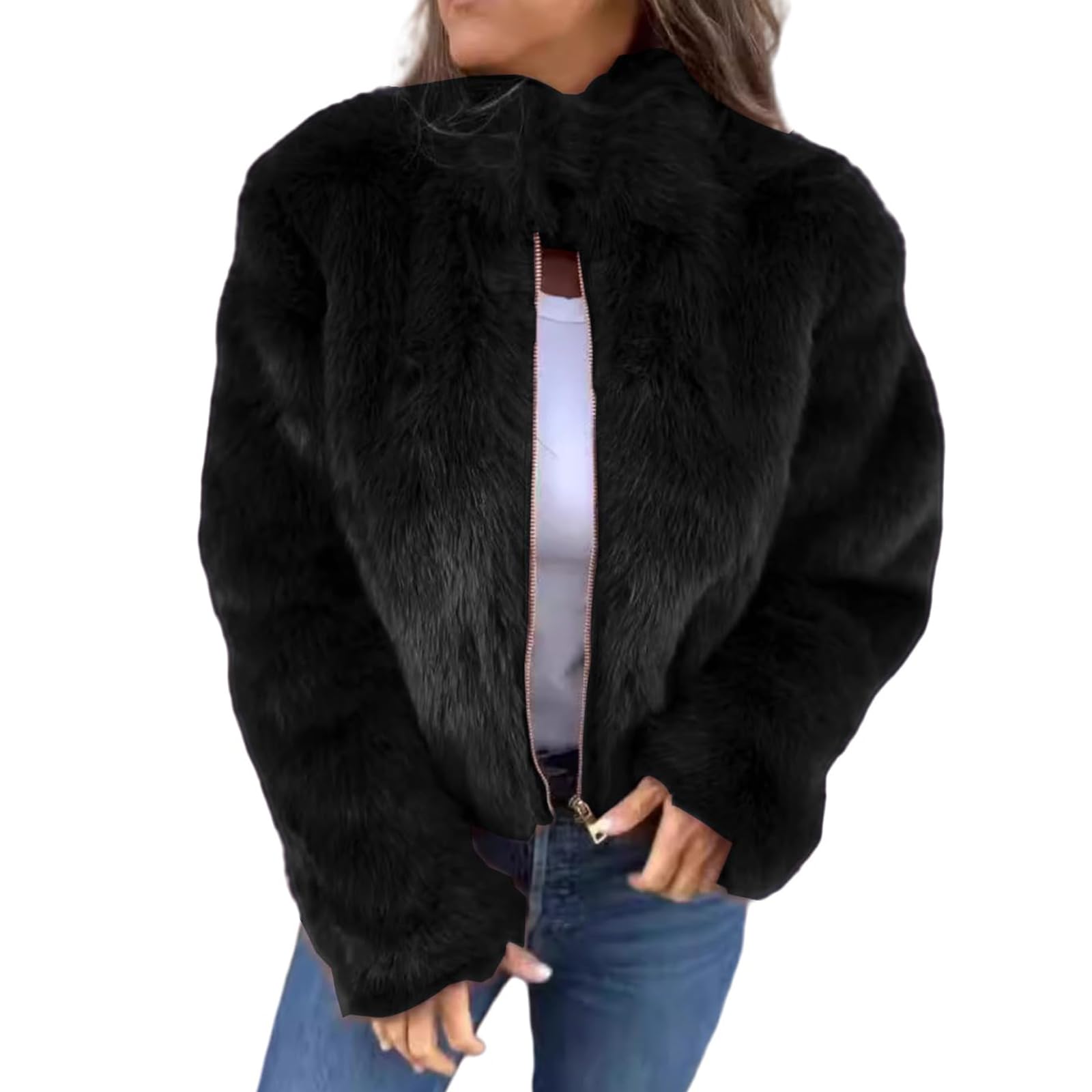 Women's High Collar Fur Zipper Casual Jacket,Shaggy Warm Open Front Cardigan Coat Casual Long Sleeve Fluffy Outerwear,Women's Cropped Faux Fur Jacket (Black,S)