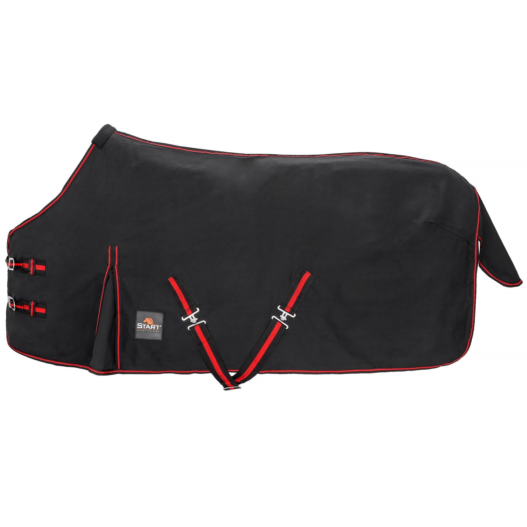 Start Stalldecke Pferd Baumwolle & Polypropylen - atmungsaktive Pferdedecke mit Kreuzgurten, Schweiflatz & Widerrist-Polsterung - robust & komfortabel - Cotton (Schwarz/Rot, 135cm (0g/m²))