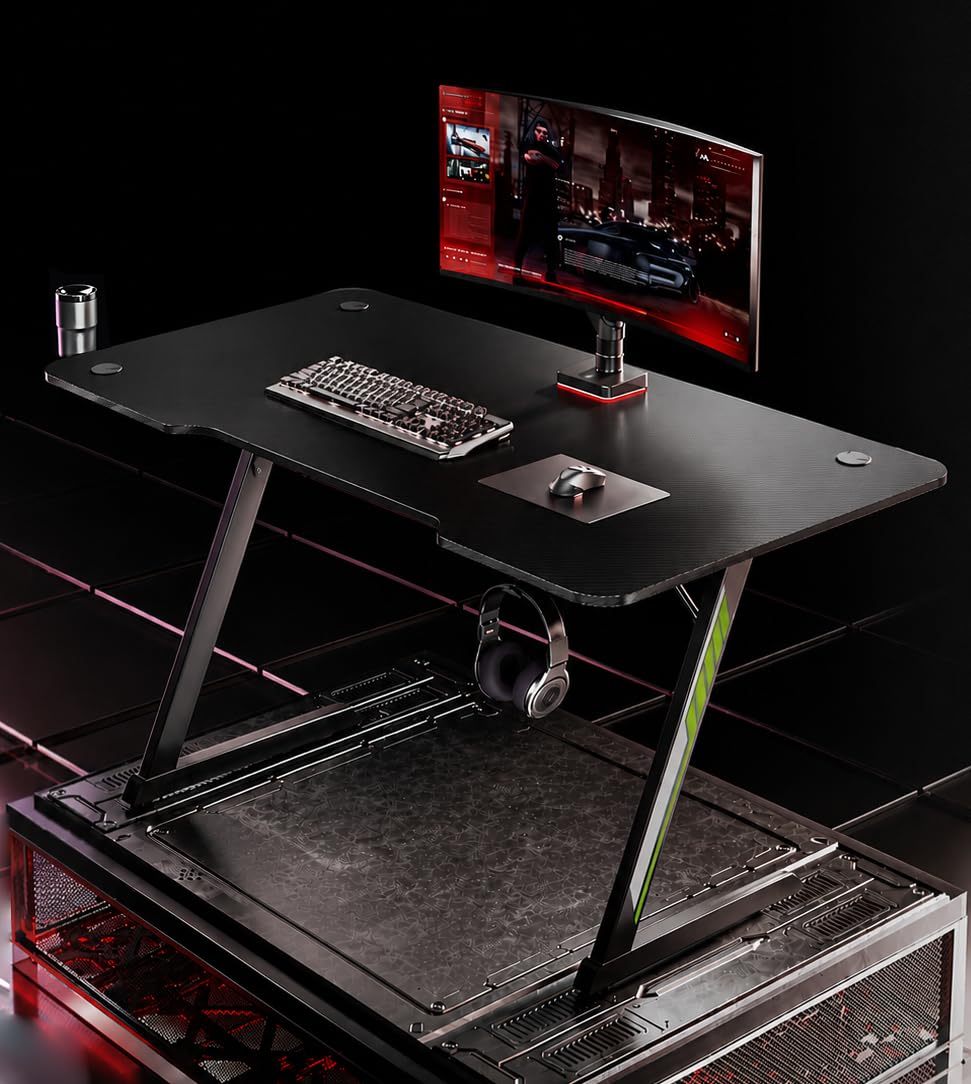 JIN OFFICE Premium Gaming Desk Z-Shaped Legs | Computer Table with Carbon Fibre Top| 75 kg Wt. Cap | Headphone Hook & Cup Holder| 1 Year Warranty (1200 * 600 * 750mm)