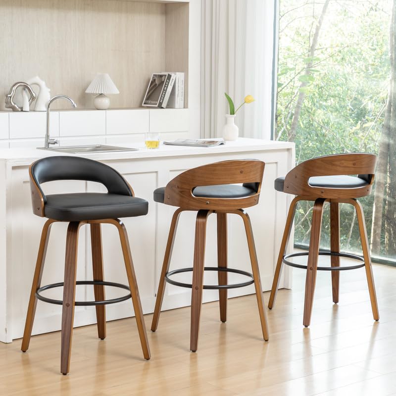 Set de 2 butacos giratorios de altura para barra, 30 pulgadas, con respaldo curvo de madera doblada y asientos tapizados, estilo moderno de mediados de siglo para cocina/barra en casa/café, color negro miniatura 6