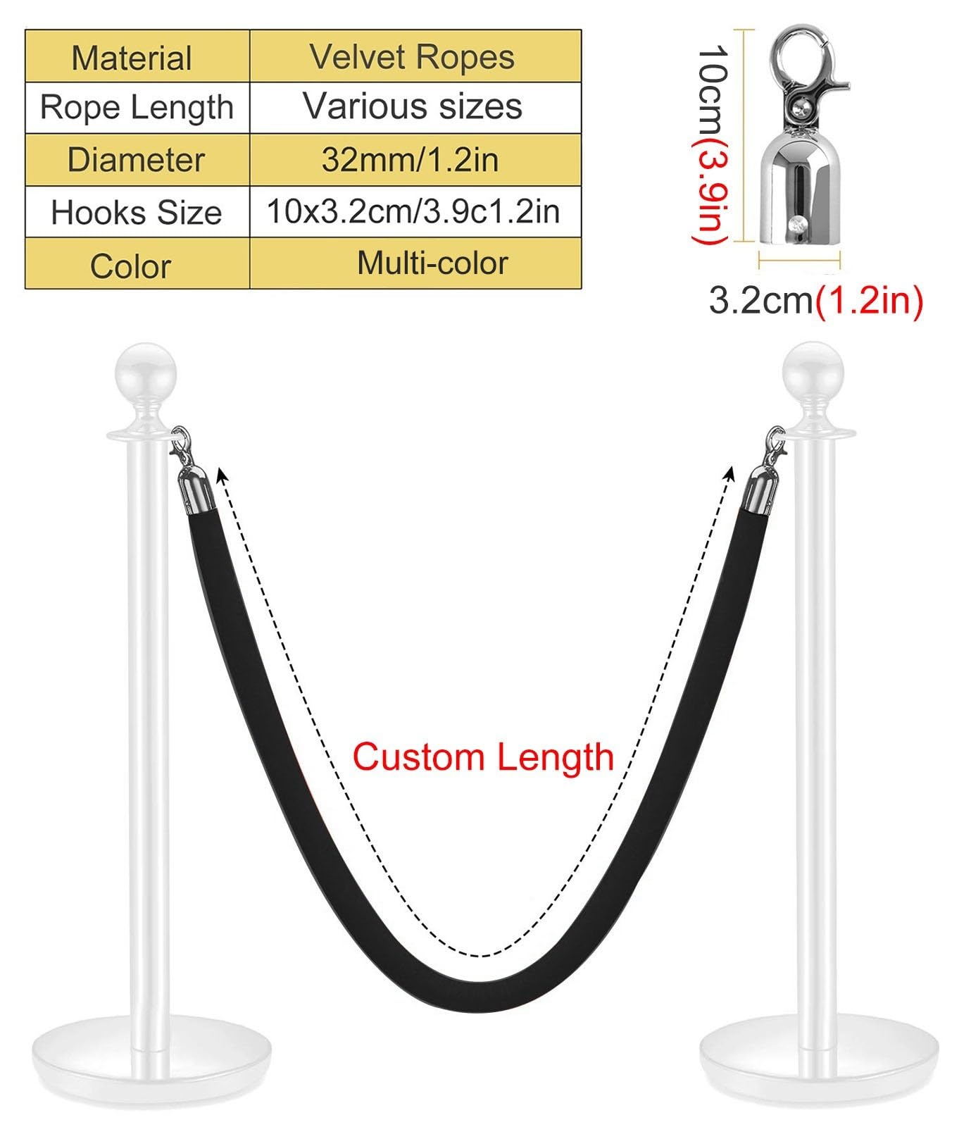 Set di 2 corde in velluto per il controllo della folla (1,37 m) per uso commerciale, perfette per teatri e sale giochi, disponibile in bianco, rosso e nero