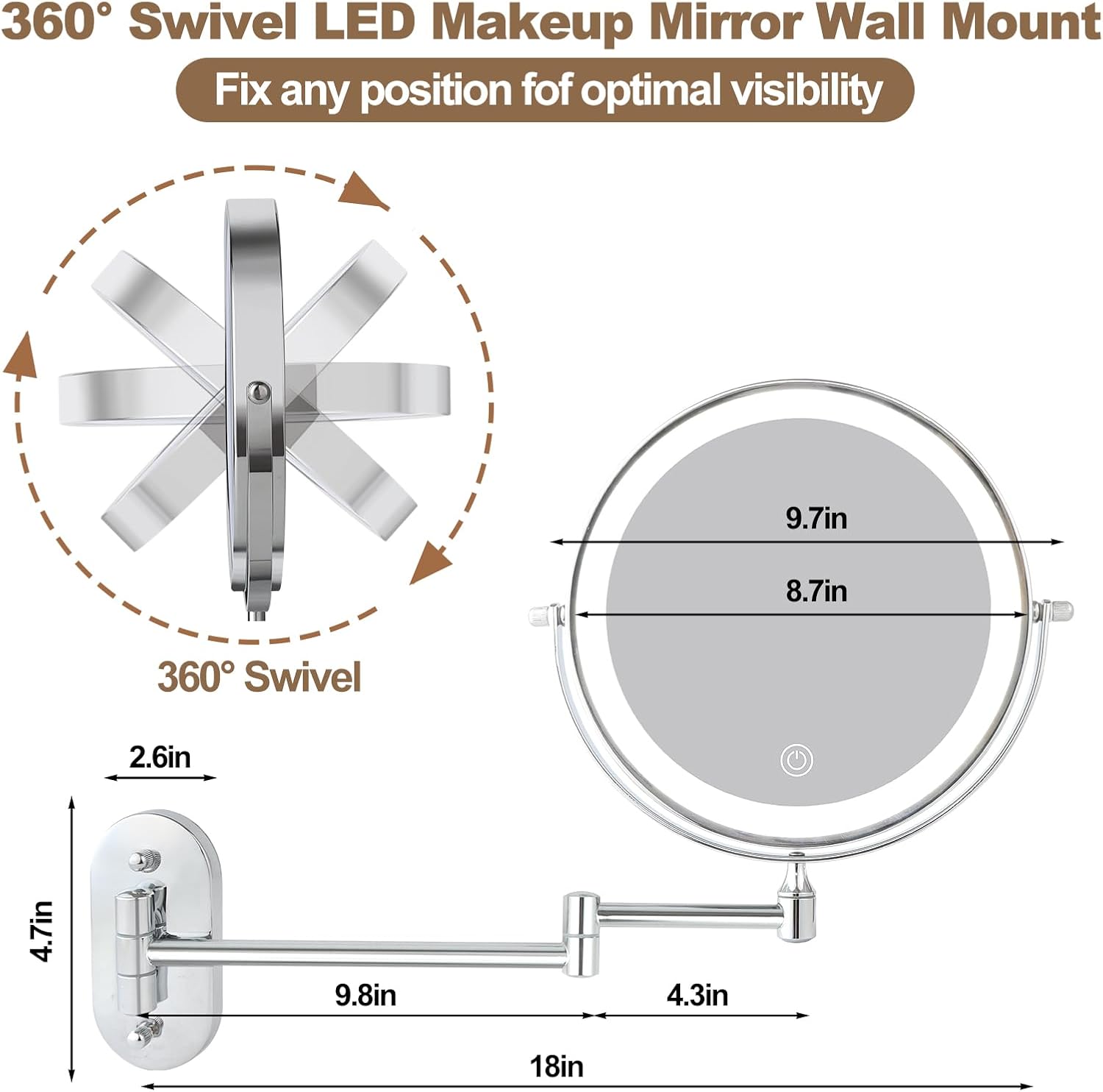 Rechargeable Lighted Wall Mounted Makeup Mirror, 8" Double-Sided Magnifying Mirror with Lights 20X, 3 Color and Switch Dimmable Shaving Mirror, 360 Rotation Foldable Bathroom Mirror, Chrome - Image 6