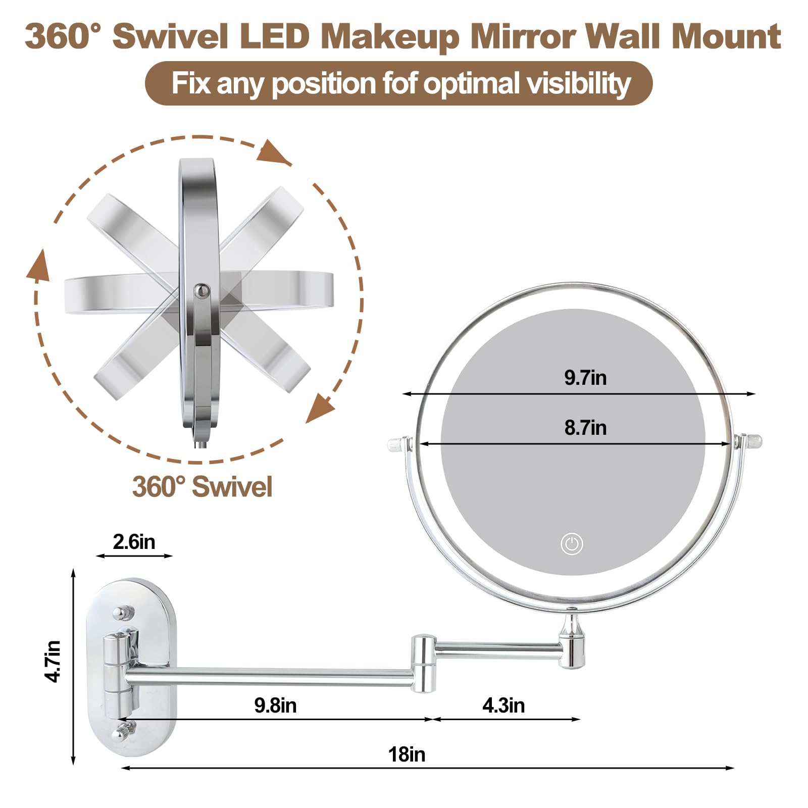 BTremary Miroir cosmétique mural 3000 mAh avec éclairage - Miroir grossissant de 20,3 cm avec mur lumineux - Miroir de maquillage à intensité variable - Écran tactile rotatif à 360° - Pour salle de