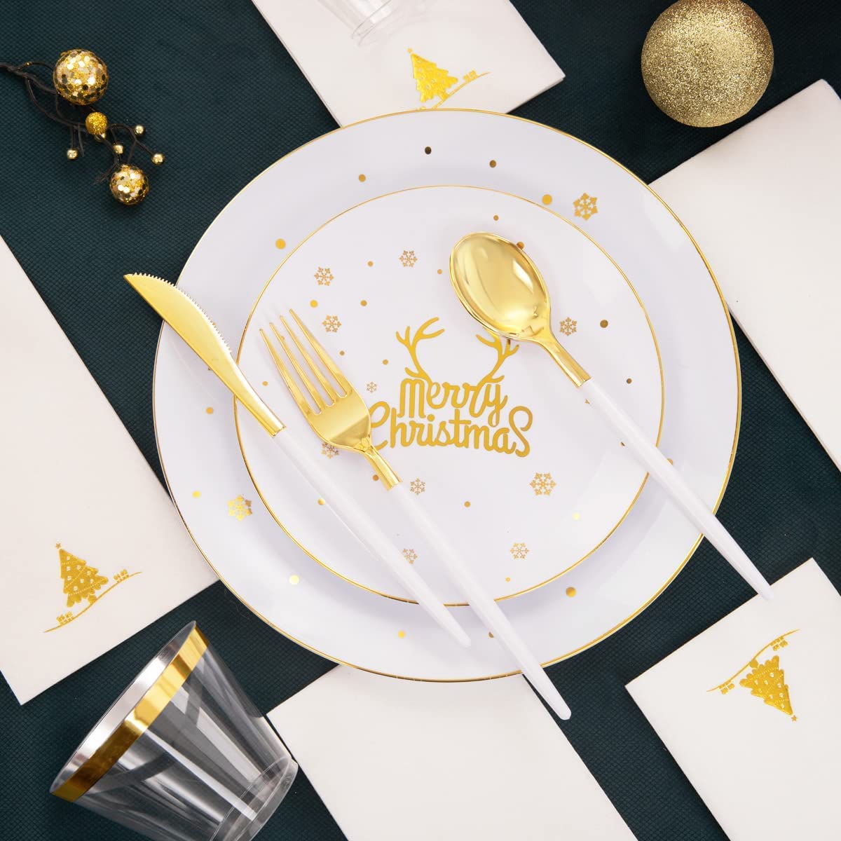 KAHEIGN 175 stuks herbruikbaar kerst serviesgoed, wit plastic servies met gouden rand - 25 dinerborden, 25 slaborden, 25 messen, 25 vorken, 25 lepels, 25 servetten voor 25 gasten kerstfeest