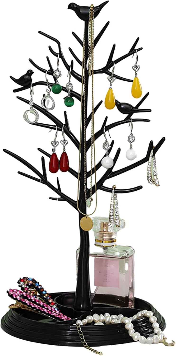Jewelry Tree Stand, Removable Stable Base Jewelry Holder Organizer with Tree&Bird Decoration, Tree Tower Jewelry Display for Ring Earrings Necklace Bracelet (Black)