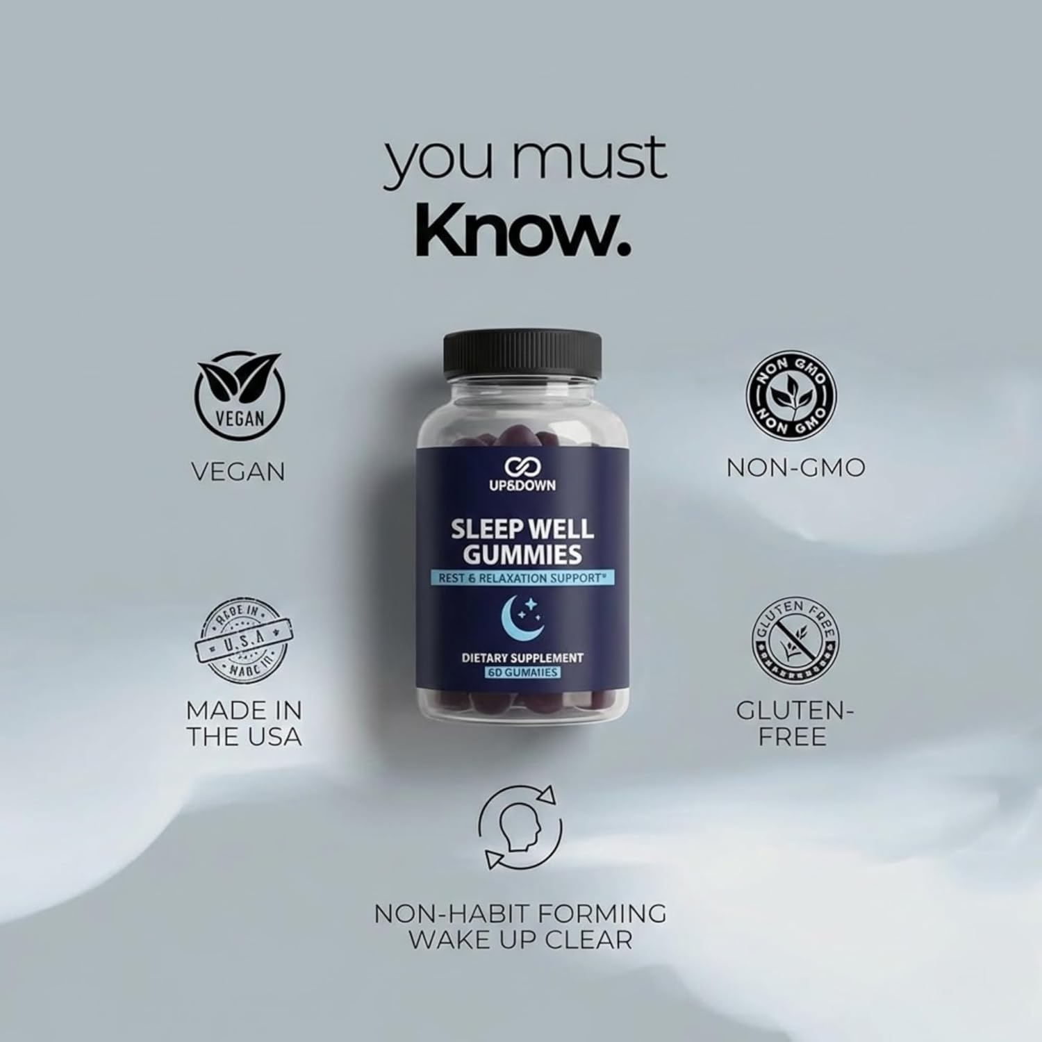 Up&Down Supplements Sleep Well Gummies | Deeper Sleep, Relaxation, Rest & Recovery Support | Melatonin, Vitamin B6 & Passionflower | Made in USA | Vegan, Non-GMO, Gluten Free | 60 Sleep Gummies - Image 5