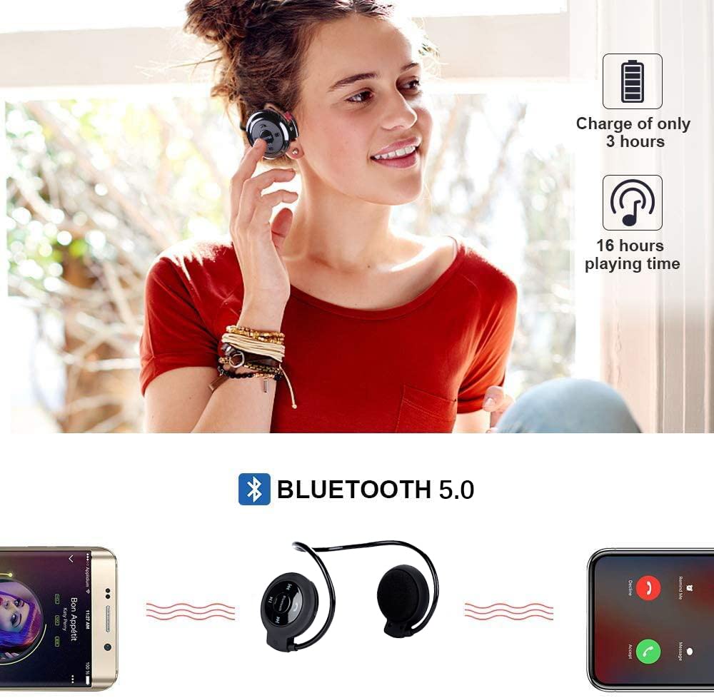 SUJAHHUJIQ Draadloze bluetooth-hoofdtelefoon 5.0, stereo-headset met microfoon, ondersteunt TF-kaart en FM-radio, zweetbestendig, voor sport, hardlopen, fitnessstudio