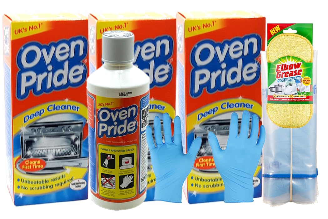 3X Oven Pride Oven Cleaner (3X 500 ML Bottle) - Complete Oven Cleaning Kit with Large Strong Bag for Rack, Instructions and Safety Gloves- with Scrubbing Pad