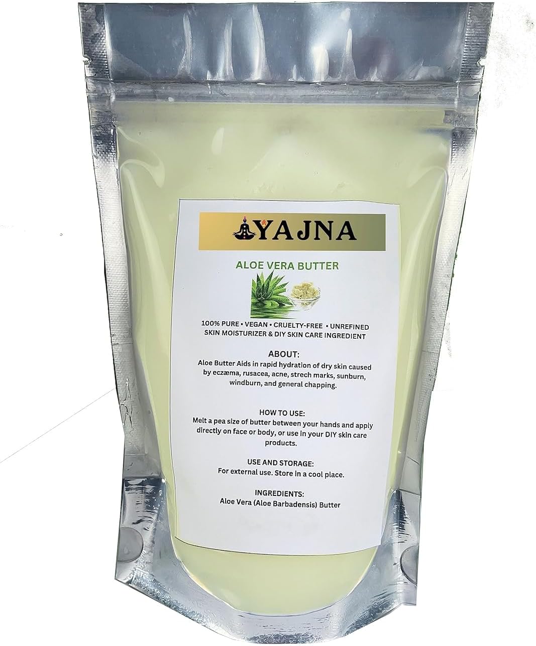 Yajna Organic Raw Aloe Vera Butter Pure,Natural Unrefined Skin Moisturizer For Face, Body Hair Grade A Diy Creams, Balms, Lotions, Soaps Softens Dry Tough Skin 8 oz 230 gm Ivory White
