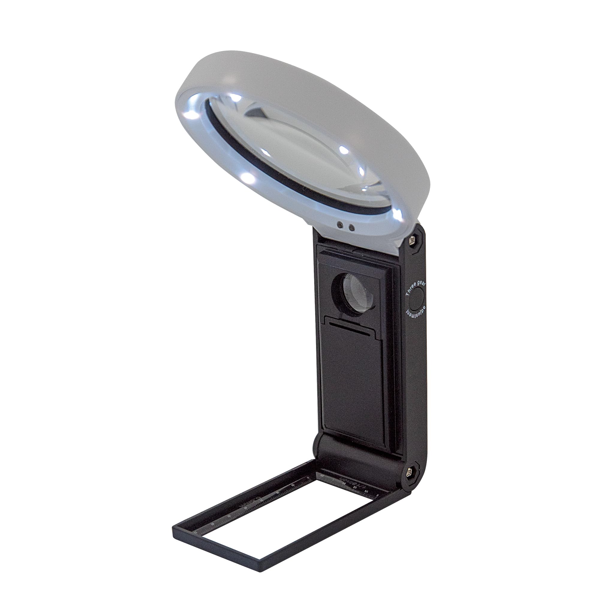 WEDO Loupe de Poche UV LED avec Pied Pliable avec Piles et câble USB, Grand Champ de Vision de 9 cm et grossissement 2,5X + lentille supplémentaire de 2,5 cm de diamètre, 10 Fois, Noir