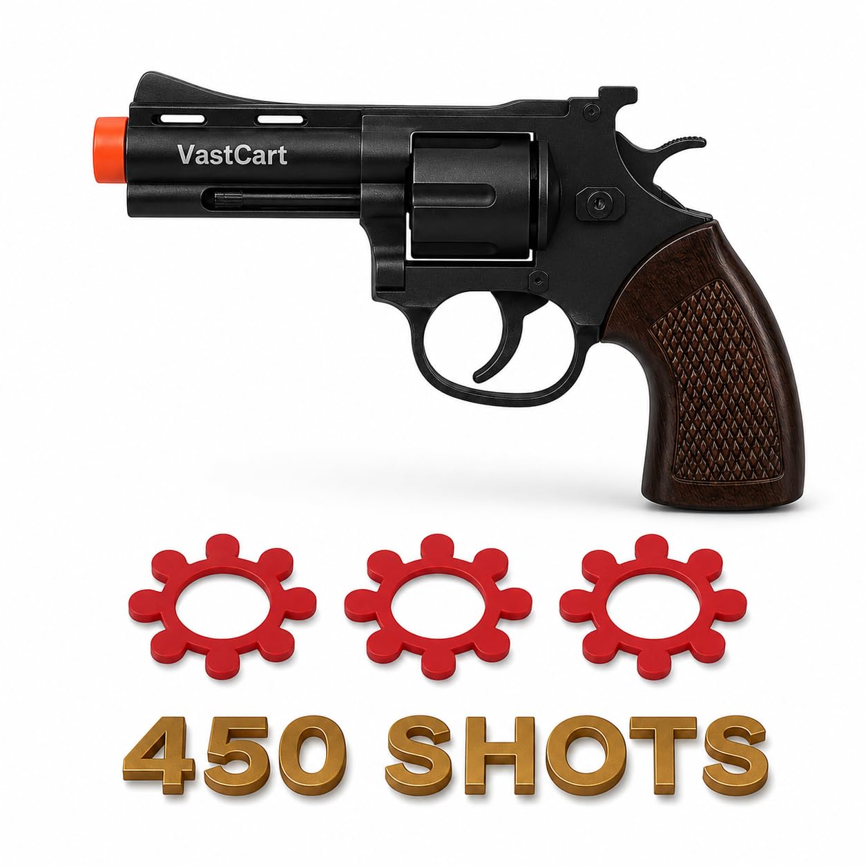 VastCart Compact Die-Cast Metal 8-Shot Ring Cap Toy Gun, Black Finish, Includes 450 Shot Ring Caps (6 Sheets), Pretend Play Dress-Up Accessory, Age 14+