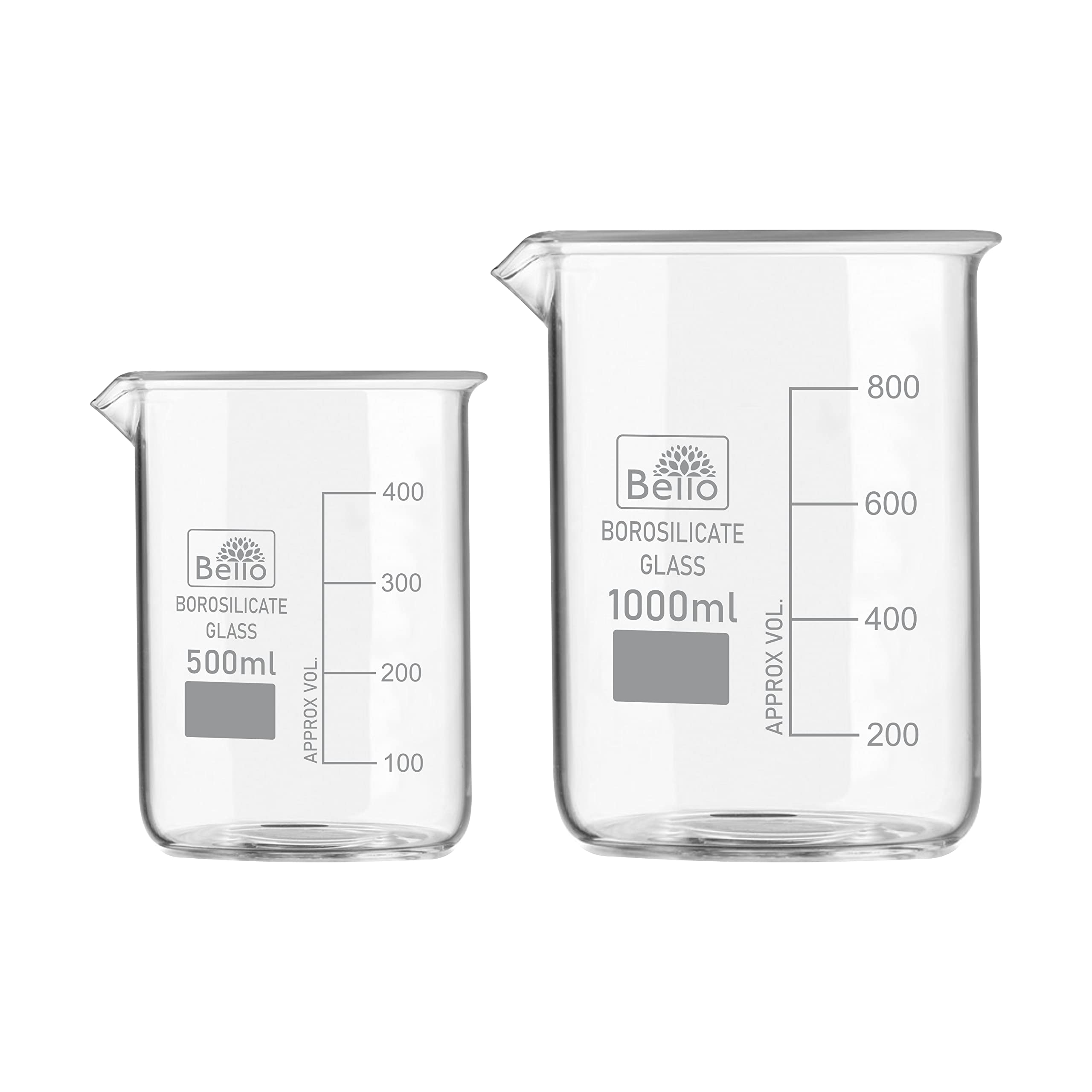 Bello Borosilicate 3.3 Glass Beaker 500 ml, 1000 ml with Graduation Marks, Set of 2 Beakers for school collage chemistry lab laboratory