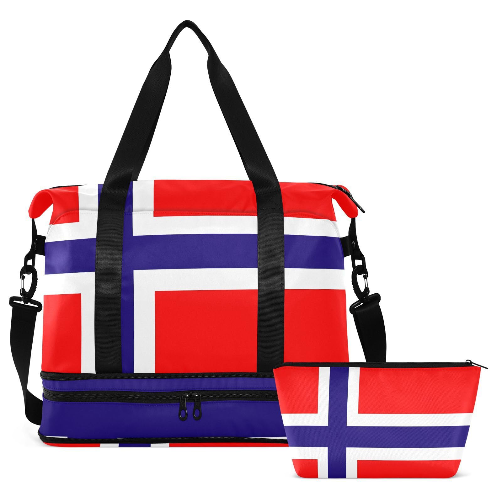 Lot de 2 sacs de week-end avec poche humide et sangle réglable pour la randonnée - Motif drapeau de la Norvège - Pour homme et femme