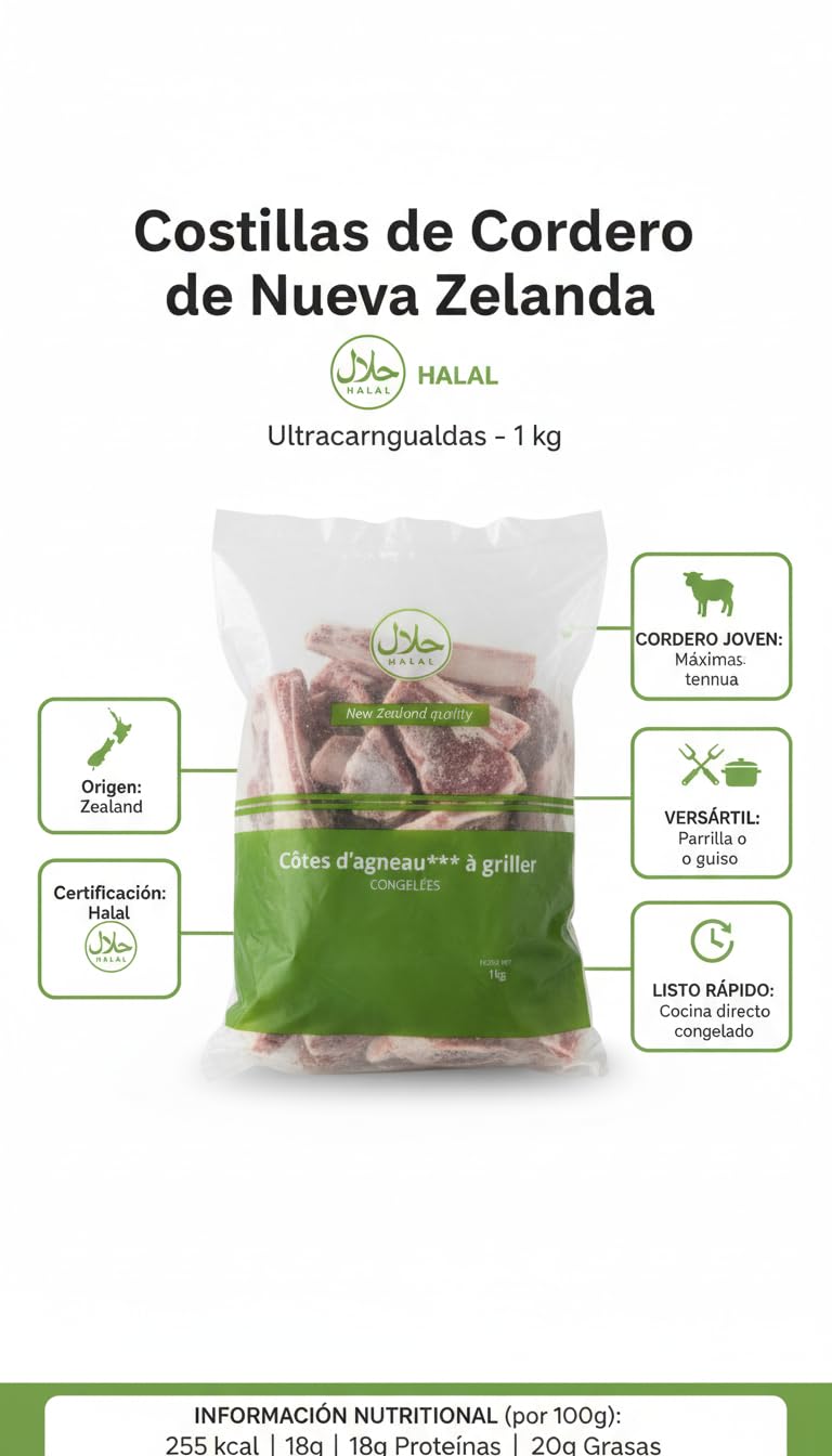 Costillas de Cordero de Nueva Zelanda Halal (1kg) - Chuletillas de Cordero Joven para Parrilla o Guisos - Envío Refrigerado y Cadena de Frío Garantizada