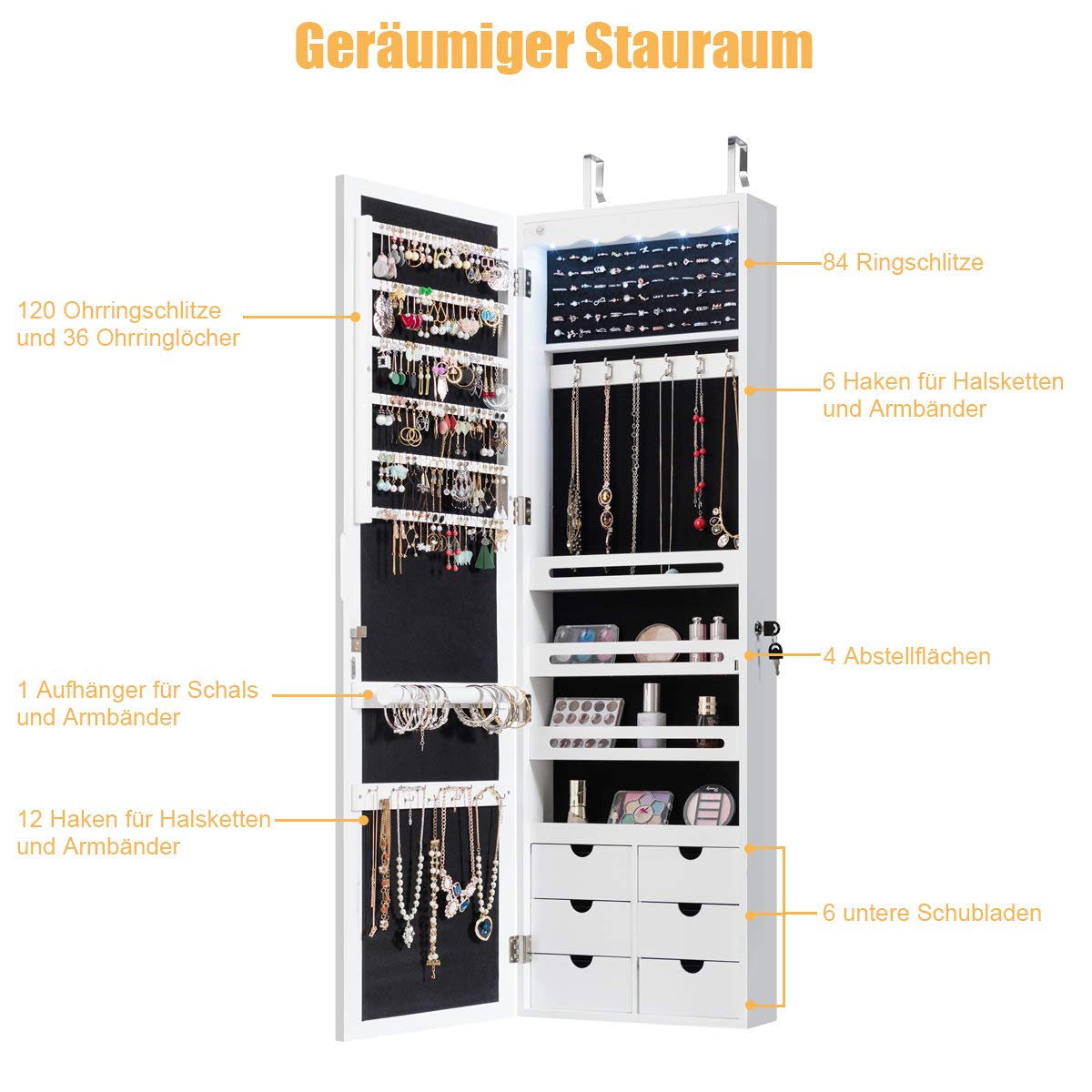 COSTWAY Armoire à bijoux avec éclairage LED, 6 tiroirs et miroir, armoire suspendue pour porte et montage mural, verrouillable (blanc)