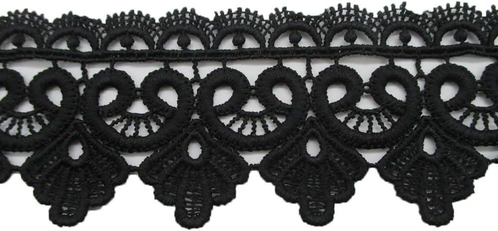 2 Inch Wide Rayon Lace Trim Venise Lace Eyelet Fabric Pack of 14 Yards (Black)