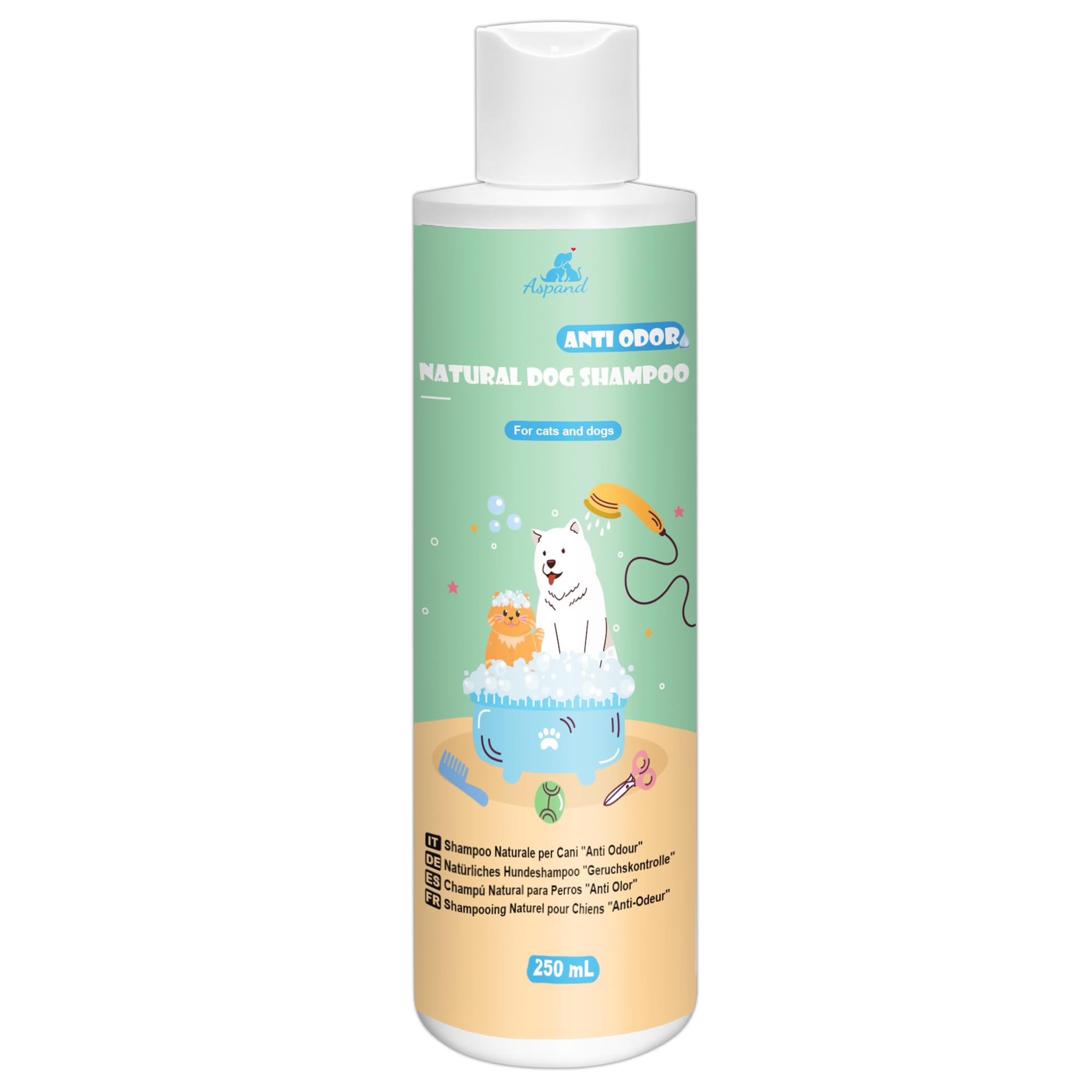 Aspand Shampoo Naturale per Cani - Shampoo Antiodore - PH Delicato e Vegano - Senza Allergeni - Deterge ed Elimina Cattivo Odori - 250 ml
