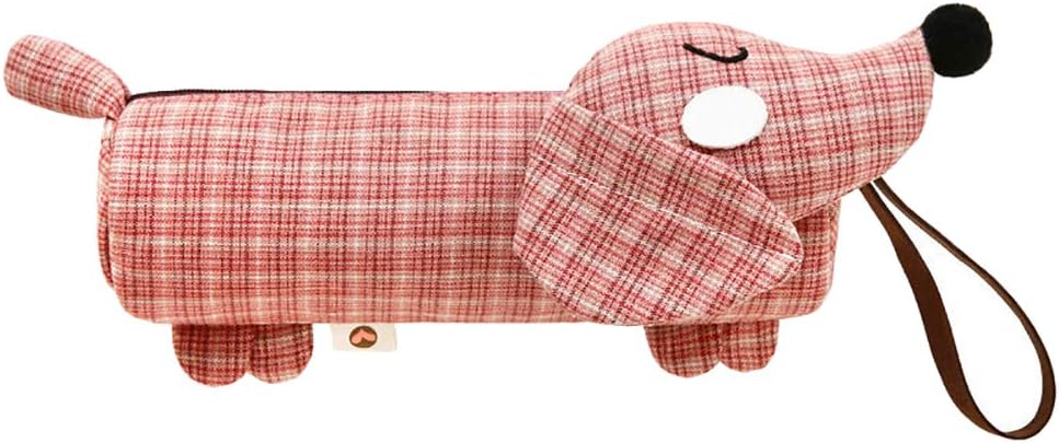 Pencil Case Multifunctional Fabric Cartoon Pen Bag Grid Pattern Sausage Dog Shape Makeup Cosmetic Tools Bag Stationery School Office Supplies Red