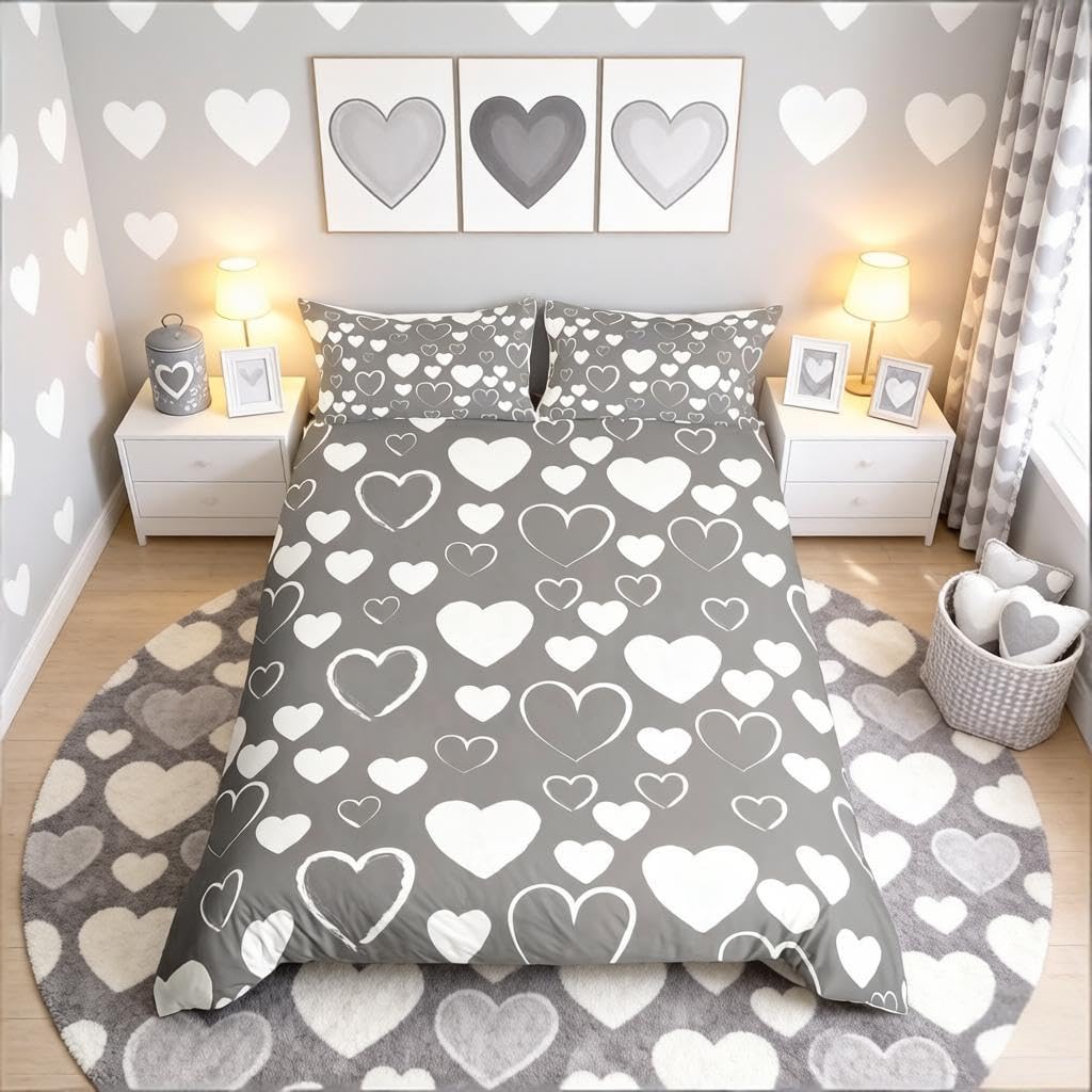 Loussiesd Cute Heart Pattern Super King Bed Cover Gray White Modern And Minimalist Woman Bedding Heart Couple Girl Soft Microfiber Bedding Set — image 1