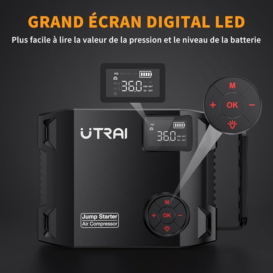 Booster Batterie Voiture 7000A Avec Gonfleur De Pneus 160 PSI - Multifonction Et Portable