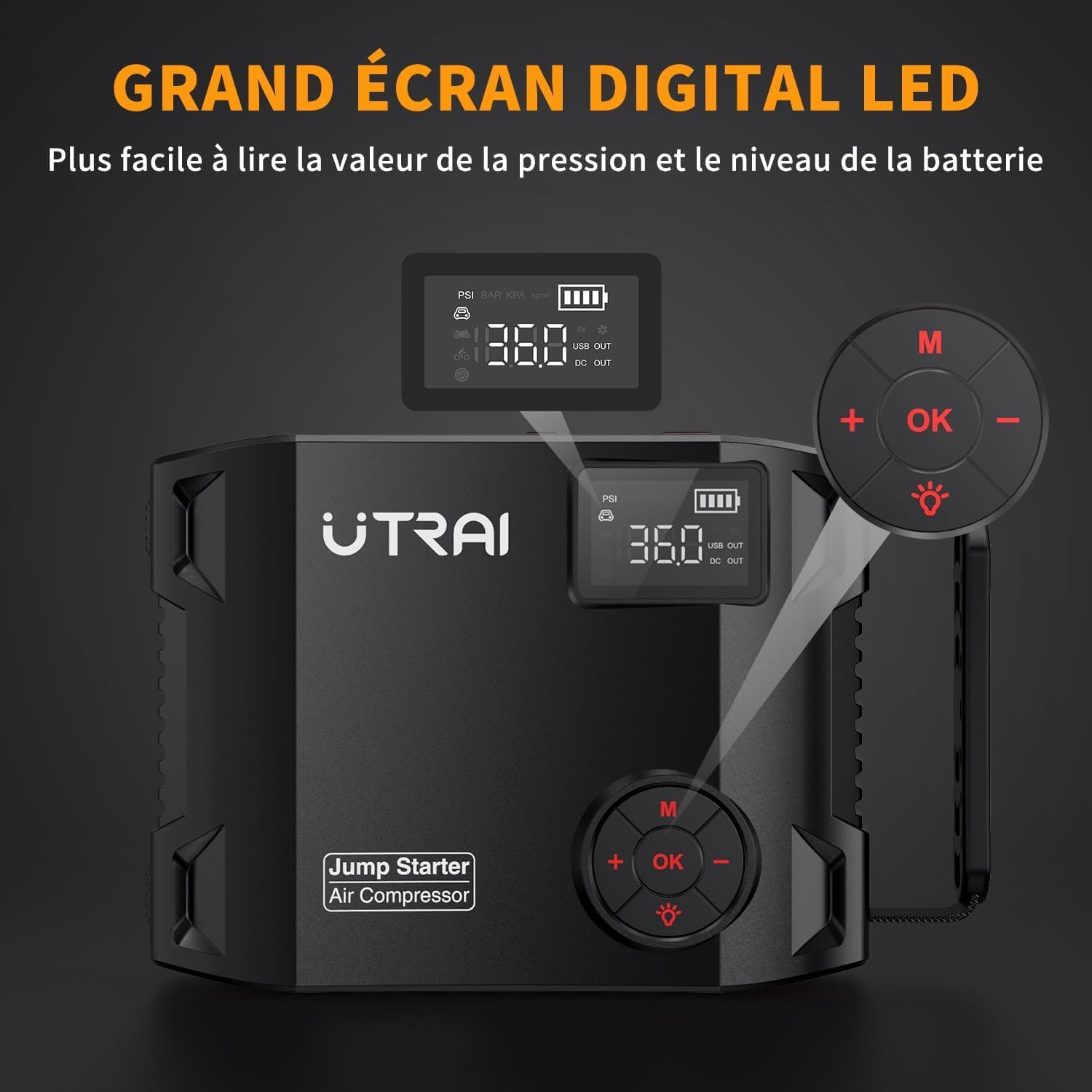 UTRAI 27000mAh Booster Batterie Voiture 8000A, Demarreur Batterie Voiture avec 1600 Lumens LED, Gonfleur, Sortie CC 160 W, 18W Charge Rapide, Jump Starter Portable (Tous Gaz ou 12L Diesel)
