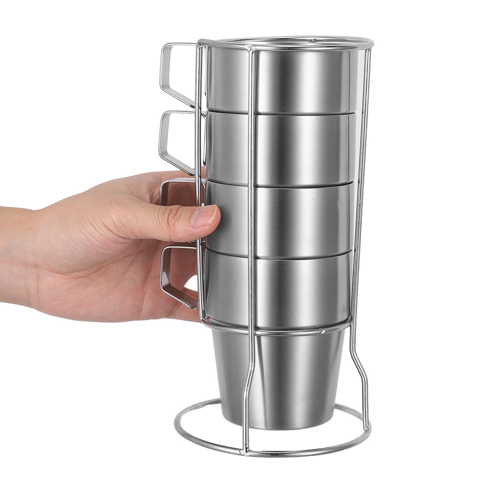 BESPORTBLE Juego de 4 Tazas Térmicas de Acero Inoxidable con Asa y Soporte 300 Ml Doble Pared Aislante Apilables Antiquemaduras para Bebidas Calientes y Frías Adecuado para Camping y