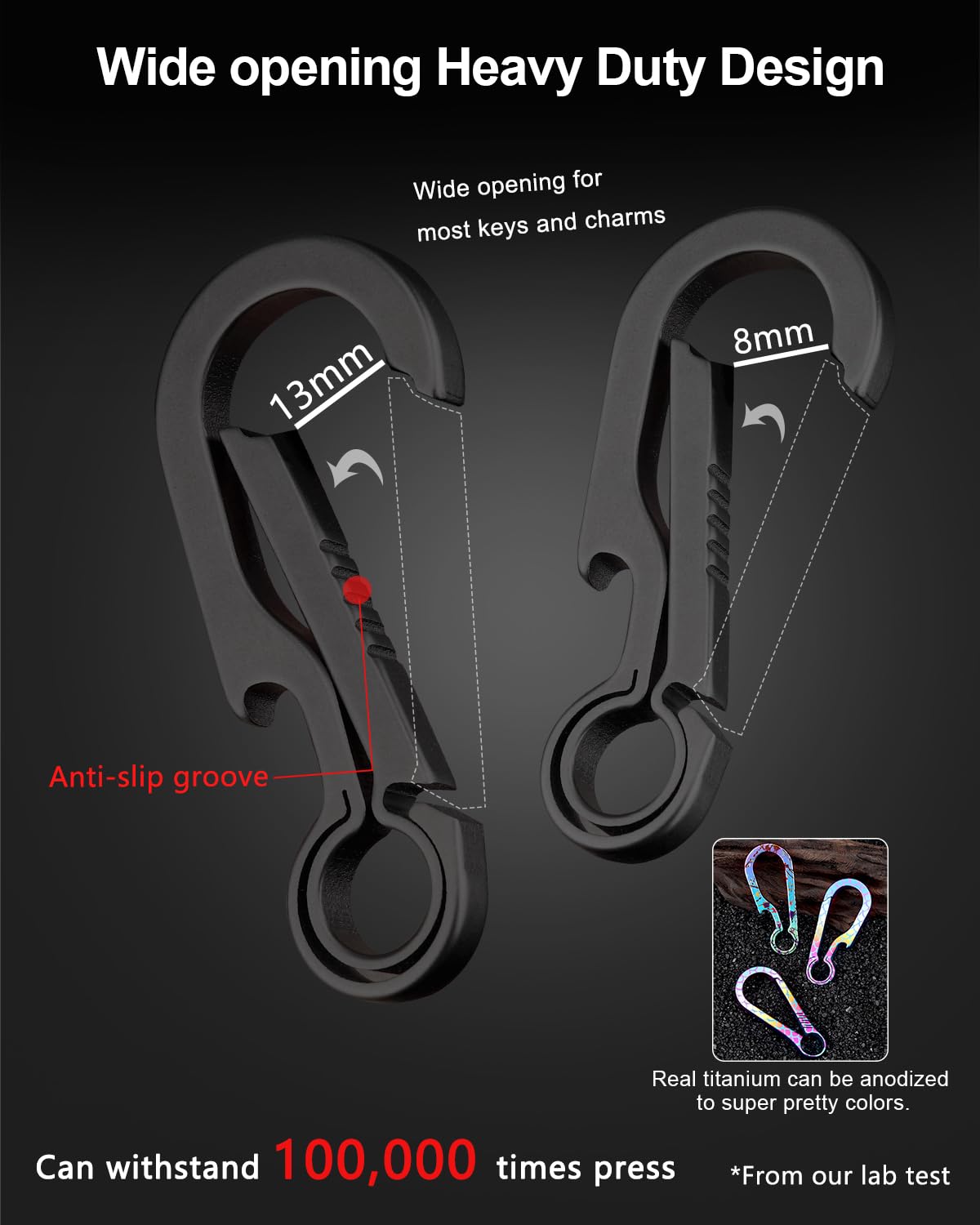 PJYTAC Mosquetón de titanio para llavero, 2/2.6 pulgadas, pequeño mosquetón, llavero resistente de liberación rápida para llaves, abrebotellas, llavero, regalo del día de San Valentín para él y