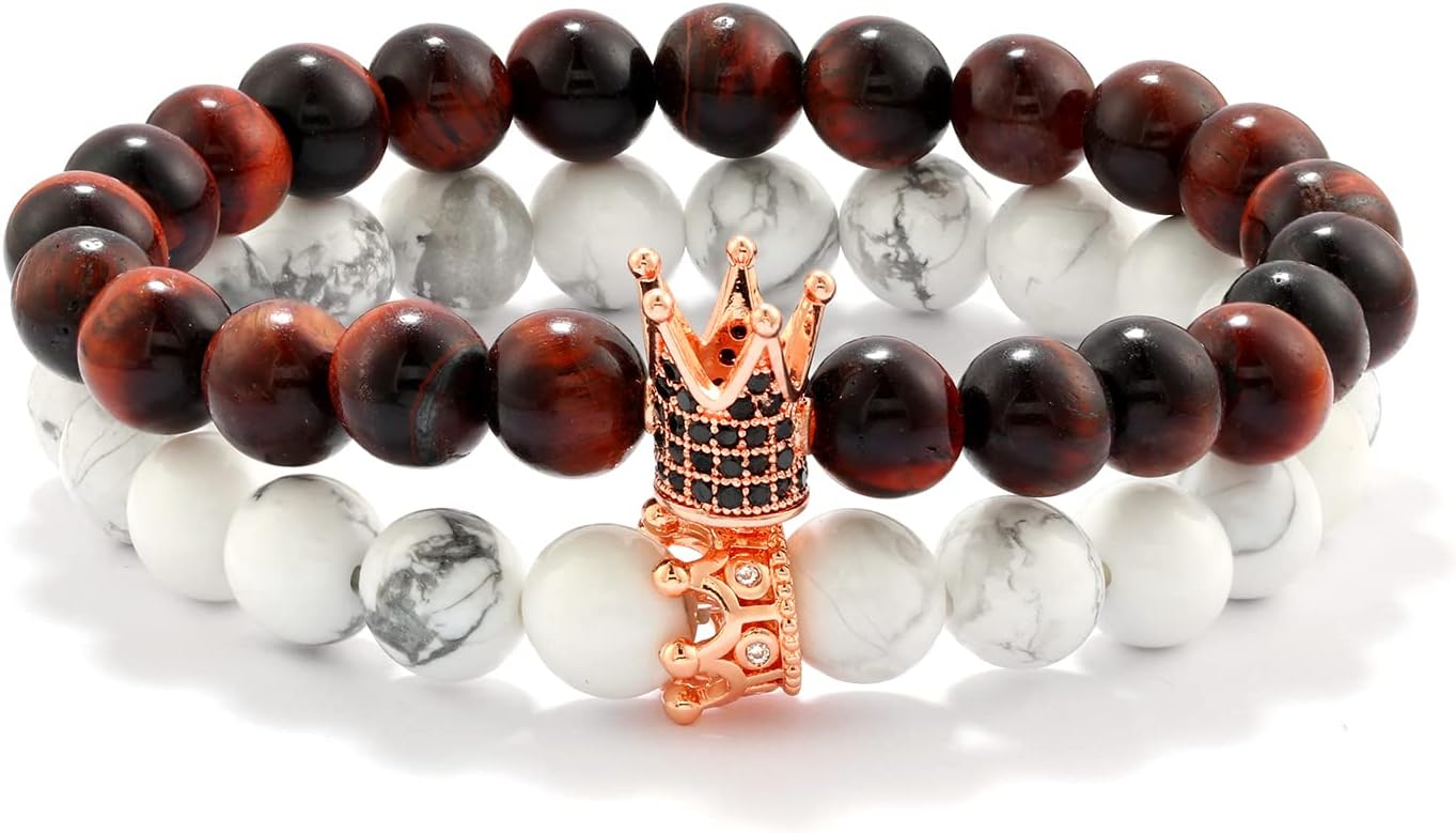8mm Natural Stone CZ Micro Pave Crown King Queen Beads His and Hers Couple Bracelet, 7.5" (Red&White)