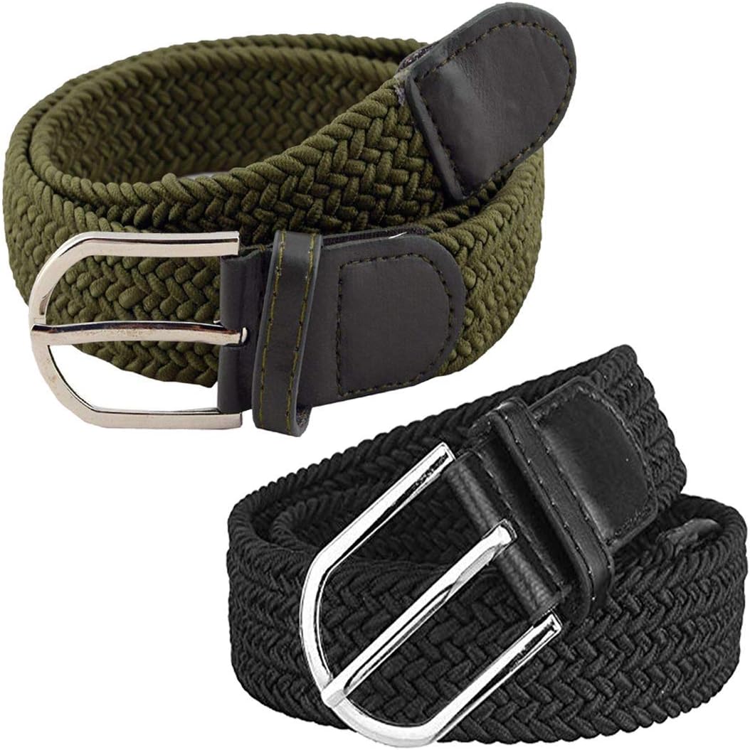 Veteran Stretchable braided cotton belt for men and women,flexible unisex belt Elastic Woven Canvas Fabric Premium Stretch material blend for fit(Green amd Black Colore-Belt)
