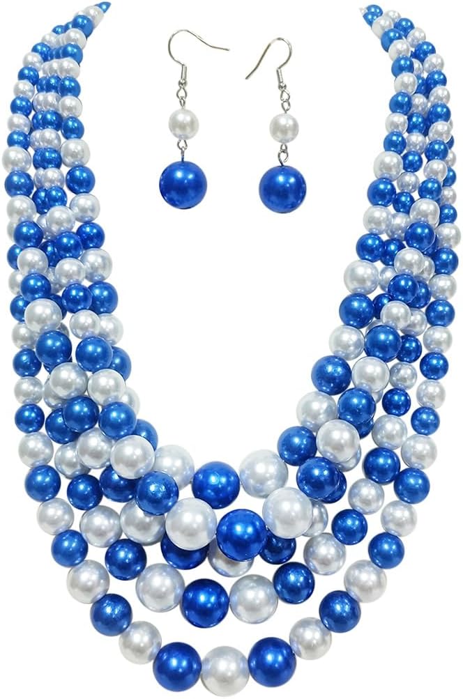 Rosemarie & Jubalee Women’s 5 Colorful Multi Strands Simulated Pearl Bib Necklace And Earrings Jewelry Set, 16″+3″ Extender