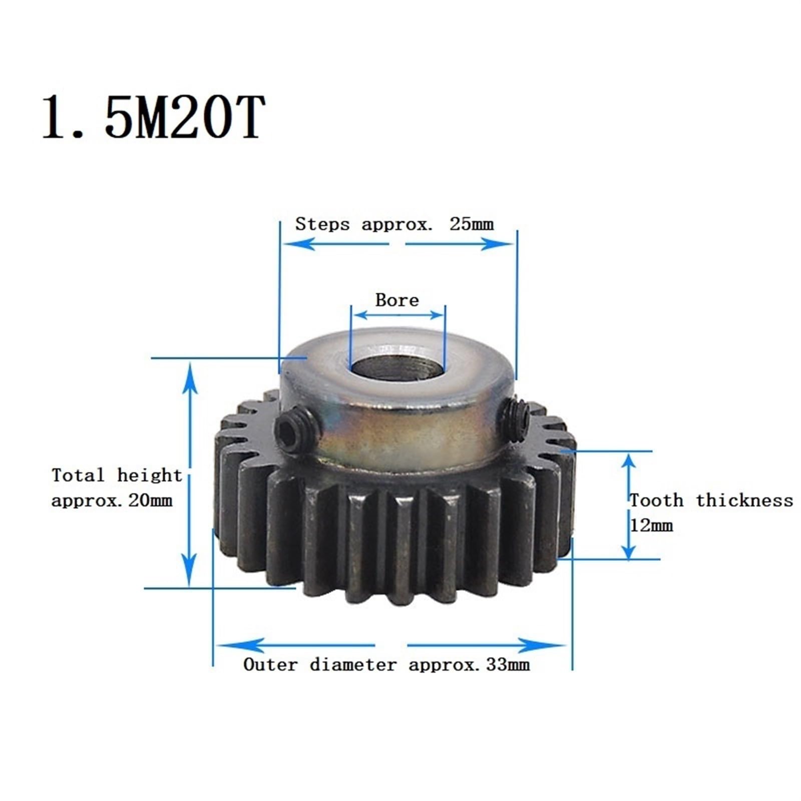 Bevel Gear Pinion Hardware Mechanical 1pcs Spur Gear 1.5M 20T Carbon Steel High Frequency Quenching Teeth Gear Wheel Bore Size 6/6.35/7/8/10/12/14/15mm(15mm)
