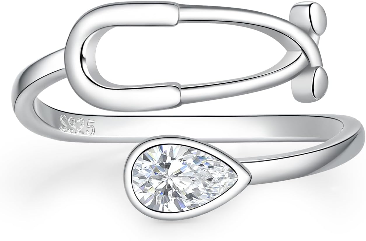 YLT S925 Sterling Silver Stethoscope Adjustable Heartbeat Rings for Women | Medicine Jewelry Doctor Nurse RN Nurse Graduation Gifts for Medical Student