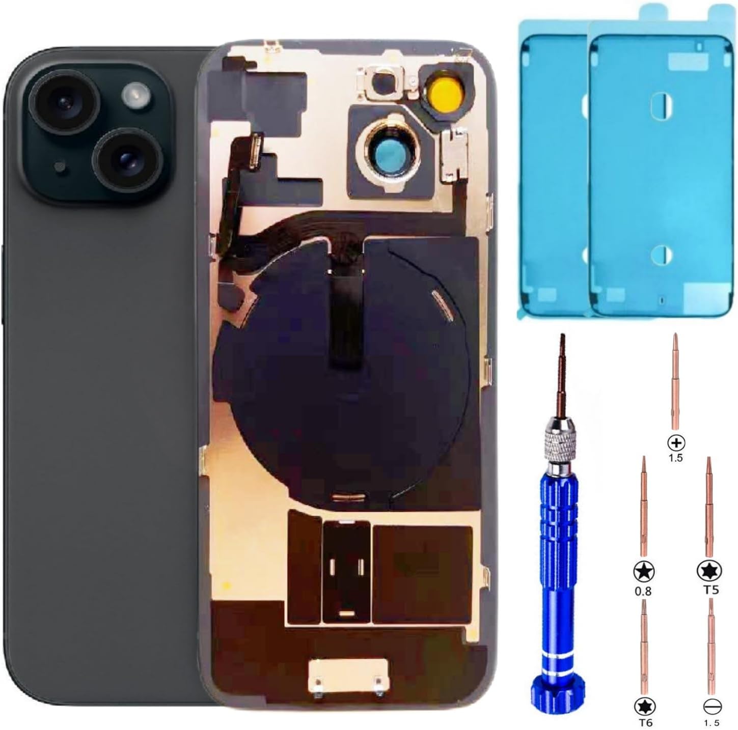 15 Back Glass Replacement Kit with Plate & Flex Cable and All Parts, Black, 6.1 Inch for iPhone 15 Back Cover Glass, with Repair Tools (Black)