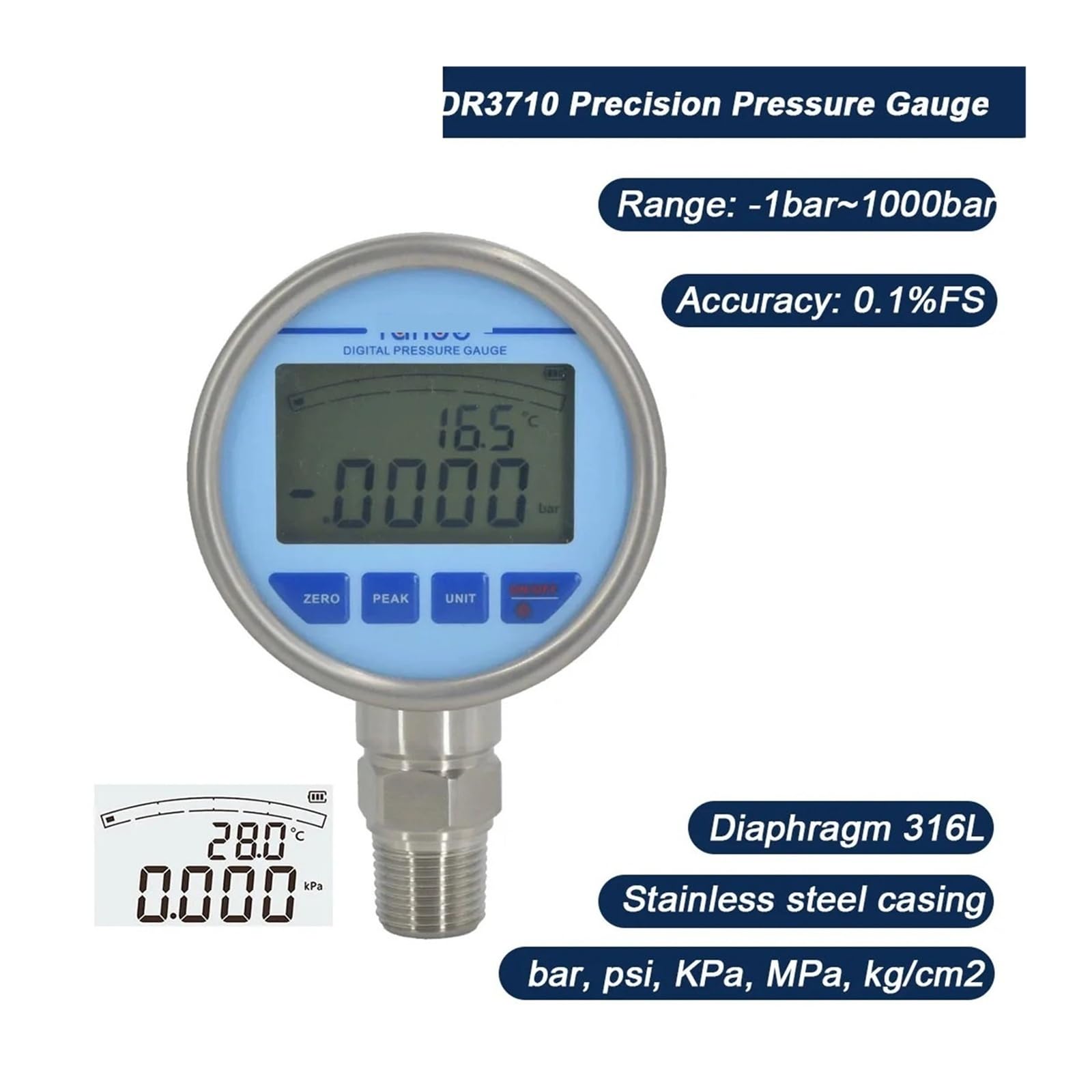 Edelstahl-Manometer, G1/2 batteriebetrieben mit Hintergrundbeleuchtung for Öl-Luft-Wasser-Manometer(0-40Mpa)