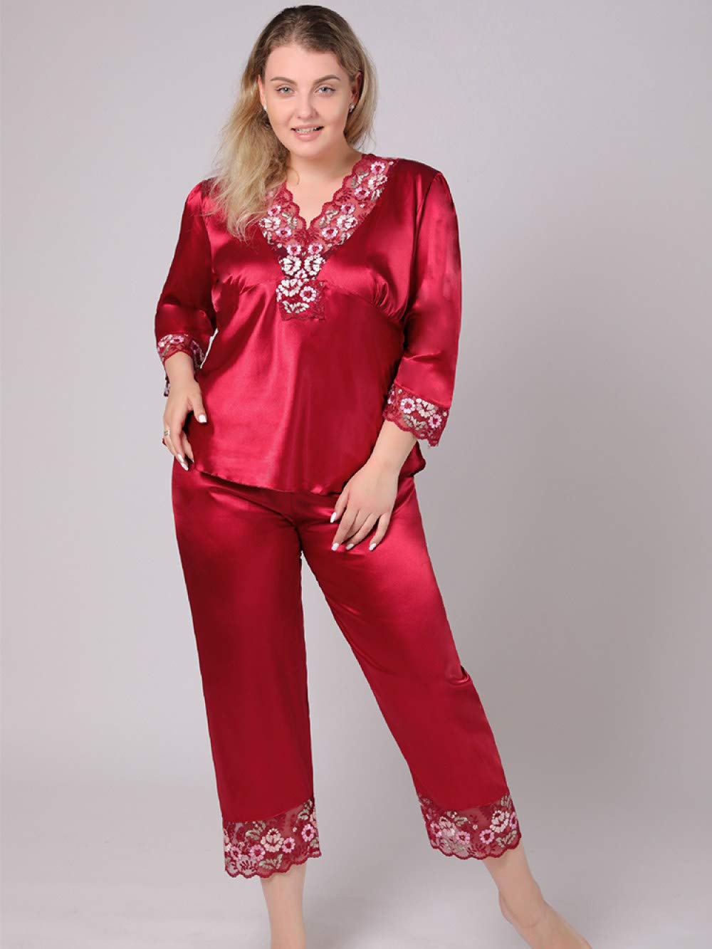 YUHOOE Pijamas De Mujer,Conjunto De 2 Piezas De Pijama De Satén De Seda De Talla Grande con Cuello En V Bordado De Encaje Sedoso Ropa De Dormir De Manga 3/2 Ropa De Dormir Ropa De Casa,Rojo,6XL