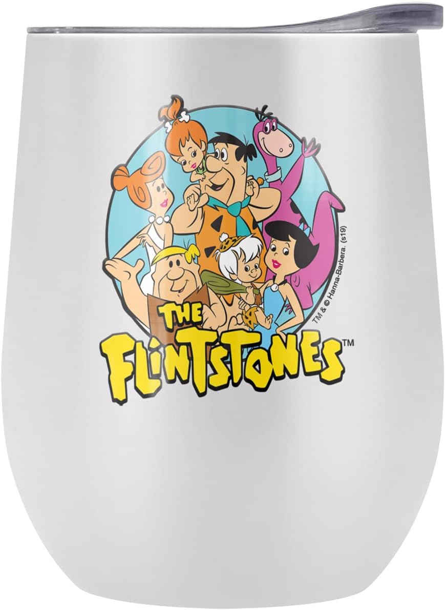 Flintstones OFFICIAL Group 12 OZ Stemless Wine Tumbler, Stainless Steel Travel Cup|Lake Tumbler|Insulated with Leak Resistant Slide-Lock Lid, White