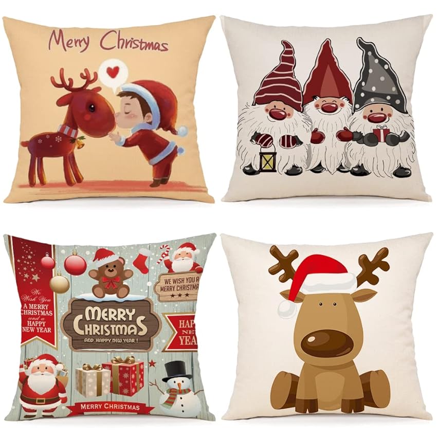 ZWJD Cuscini Natalizi per Divano 4 Pack Federe Cuscini Divano 40x40 Federe Cuscini Natalizi Cotone e Lino Biancheria Cuscini per Divano per Natale Decorazioni Casa