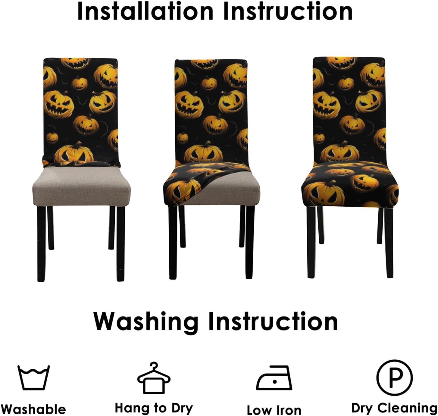 4 Pcs Halloween Dining Chair Covers, Spooky Pumpkin Stretch Removable Washable Seat Slipcovers, Horror Scary Kitchen Dining Room Hotel Decor