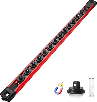 Reniteco Magnetic Socket Organizer, 1/4 Aluminum Alloy Rail, 14 Clips | Heavy-Duty Socket Rails, Removable 360 Swivel ABS Clips, Magnetic Base, Tool Box Drawer or Wall Mount