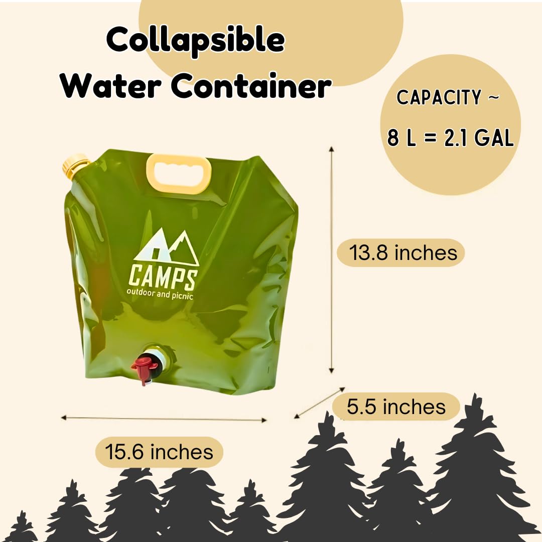 HOME-PRO VISIONS Collapsible Water Container Bag, BPA-Free, Portable, Foldable, 8 Liters/2.1 Gallons, Outdoor, Camping, Hiking, Weather Emergencies, Sports, Survival Kit