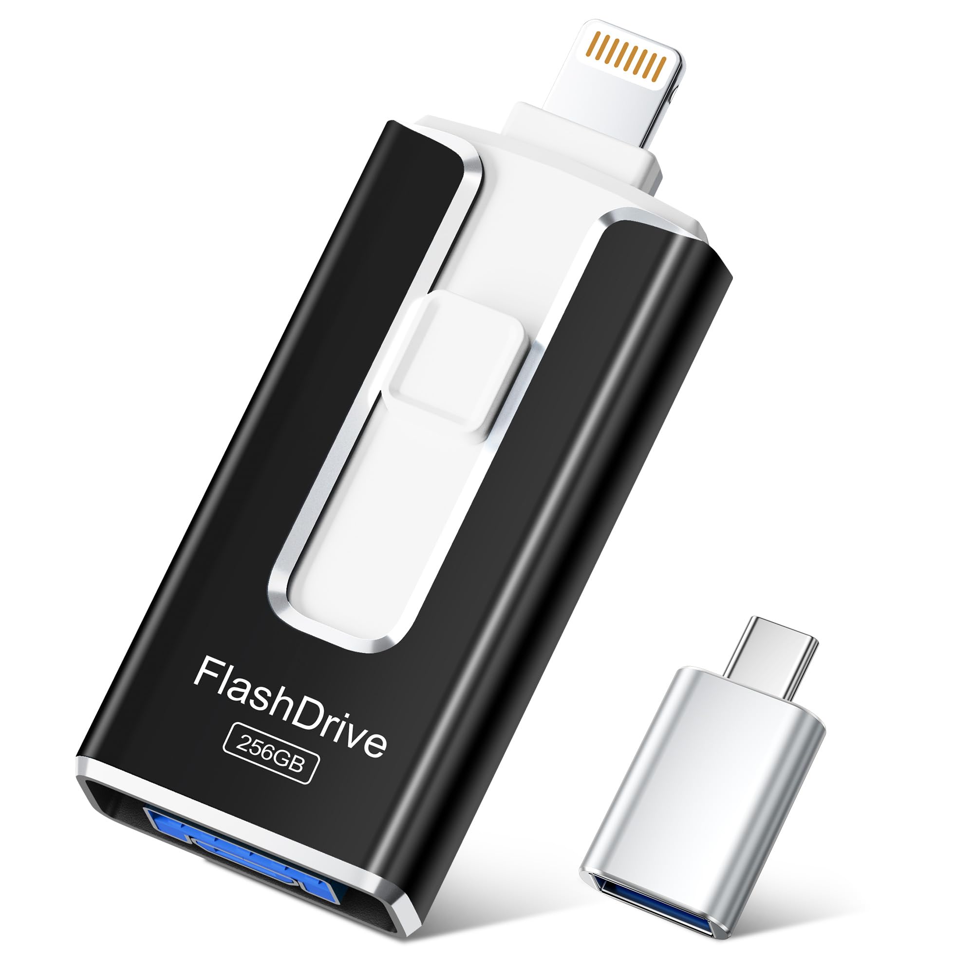 SUDEHO USB Stick 256 GB für iPhone, MFi-zertifizierter 4-in-1 Speicherstick für iPhone/iPad/Android/PC, Flash-Laufwerk mit Plug-and-Play Backup für Fotos & Videos, schnelle Übertragung, Mattschwarz