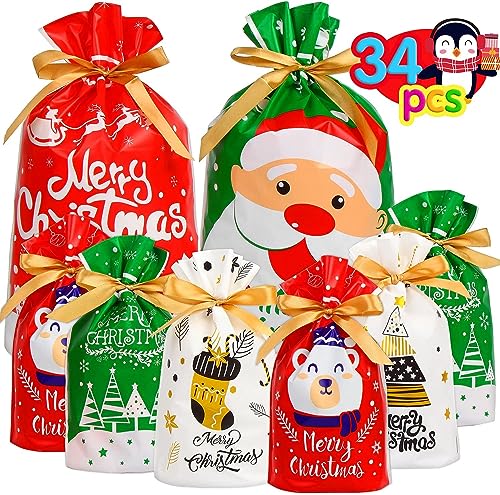 SULOLI Christmas Bags Gift Multipack,34PCS Christmas Bags for Present Christmas Wrapping Bags with Drawstring