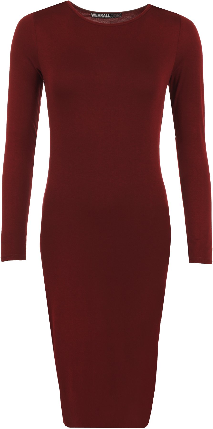 Wearall Women's Wine Bodycon Stretch Plain Long Sleeve Round Neck Midi Dress - 8/10