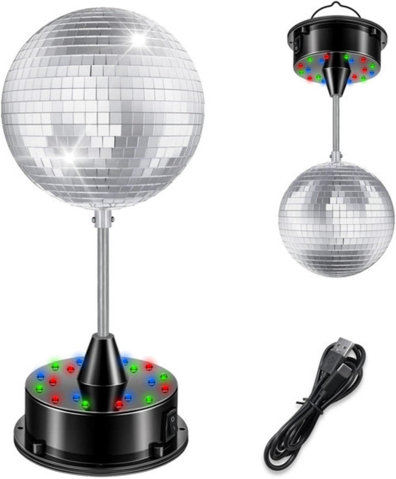 5-Inch Mirror Ball and 6RPM Rotating Motor Base, Disco Party Ambient Light, Base 18 Red, Green, Blue Three Color Bulbs, for Home Parties, Weddings, Nightclubs, Bars, Bands, KTV, Parties