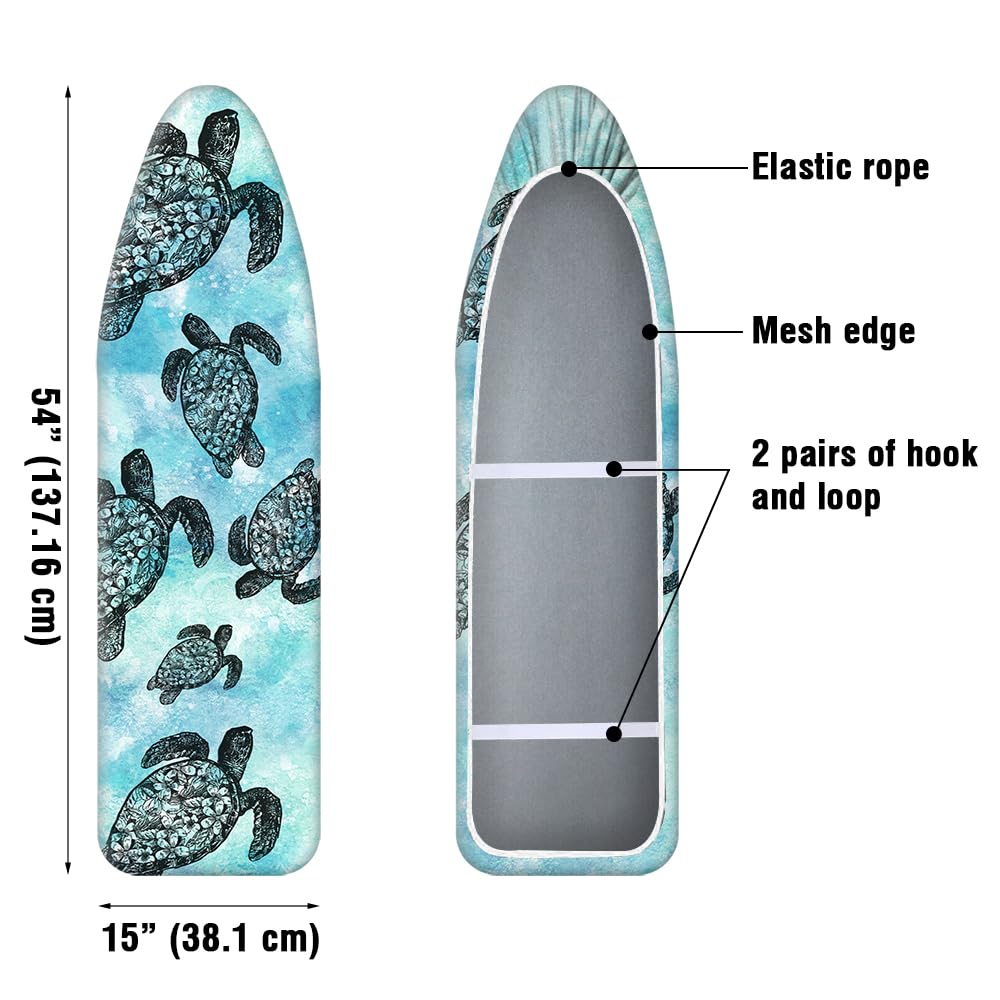 WIRESTER 15x54 Inch Ironing Board Cover, Silicone Coating, Replacement Iron Board Cover with Elastic Edge, Hook and Loop Fastener Strap Fits Standard Ironing Boards - Ocean Sea Turtles