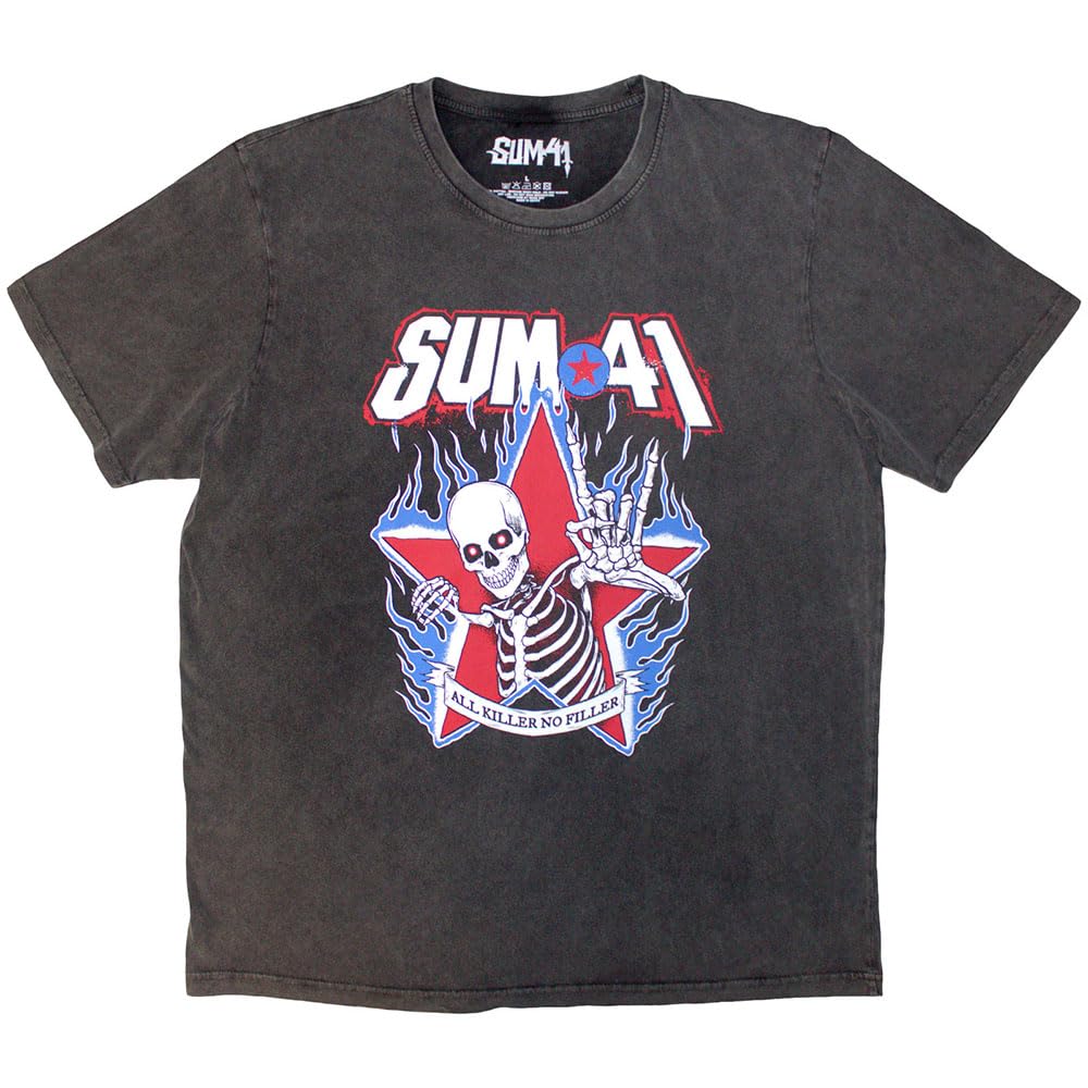 Rock Off officially licensed products Sum 41 All Killer No Filler Skeleton Stone Wash T Shirt L Charcoal