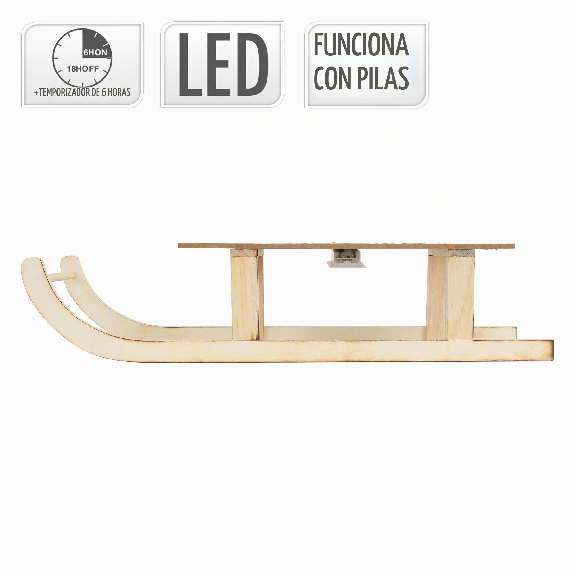 ECD Germany Trineo Decoración Navideña de Madera, 60x21x13,5cm Marrón Iluminación 60 Leds Blanco Cálido, Adorno Navideño, Función con Pilas, Accesorio Festivo Ornamento Original para Árbol de Navidad
