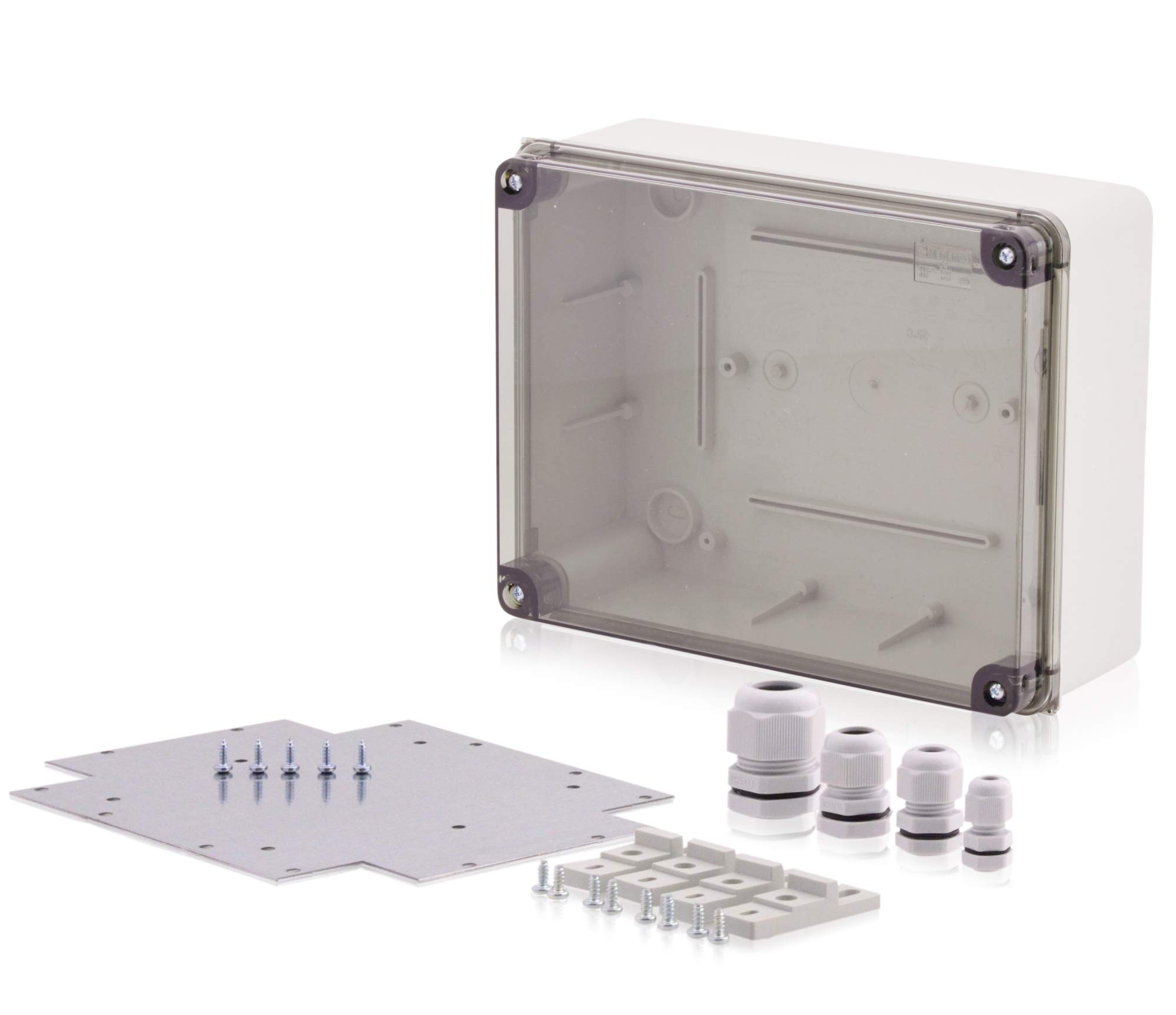 Intratec Sicherungskasten Aufputz Set mit transparentem Deckel – Verteilerdose IP 65 für einfache Aufputz Installation – Leergehäuse mit rostfreien Kreuzschlitz-Schrauben – 240x190x90mm