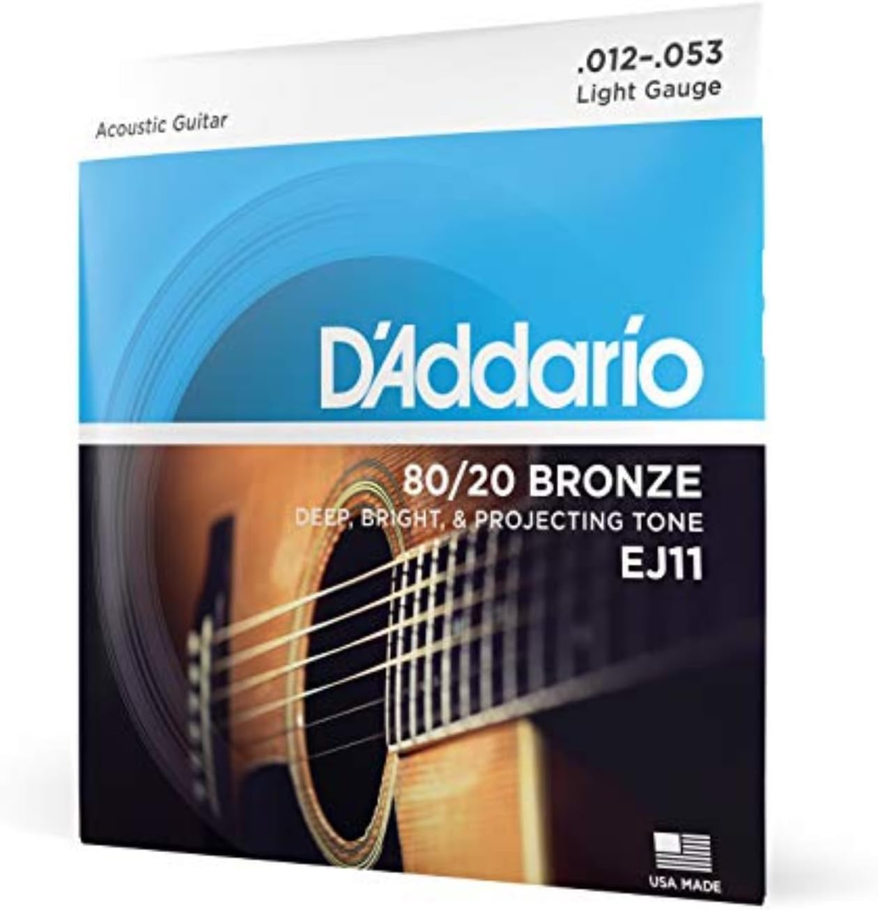 D'Addario Guitar Strings - Acoustic Guitar Strings - 80/20 Bronze - For 6 String Guitar - Deep, Bright, Projecting Tone - EJ11 - Light, 12-53