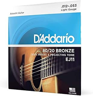 D'Addario Acoustic Guitar Strings, 80/20 Bronze, EJ11, Light Gauge 12-53, 6-String Set, Pack of 1